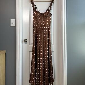 Sky to Moon Chocolate Brown Polka Dot Satin Bustier Tie Strap Dreamy Maxi Dress